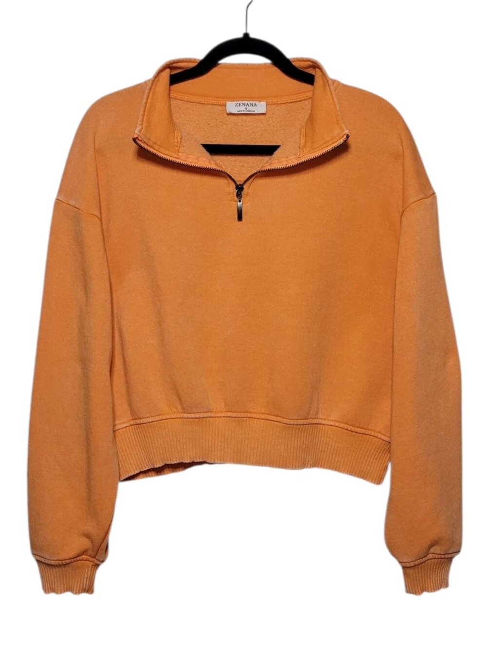 Zenana Cropped Quarter Zip Pullover Sweatshirt Acid Wash Orange Size Small